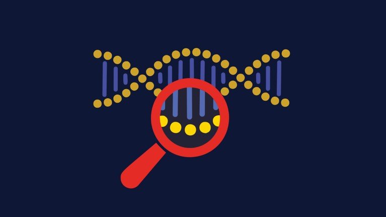 A strand of DNA being inspected with a magnifying glass