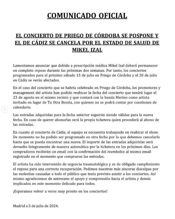 Mikel Izal es operado de urgencia y suspende todos sus conciertos