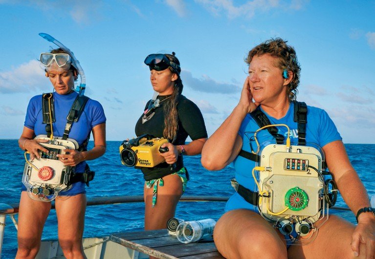 Denise Herzing y dos colegas en un bote en aguas abiertas, usando dispositivos electrónicos atados a sus torsos