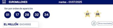 Euromillones: comprobar los resultados del sorteo de hoy, martes 1 de julio