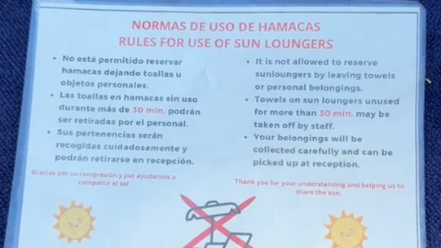 Una pareja británica muestra su rabia por lo que les dejaron en las tumbonas en un hotel en España: “Normas injustas”